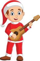Cartoon little boy in red santa clothes playing guitar vector
