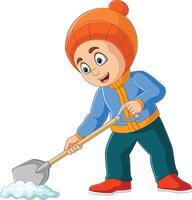 Cartoon little boy in winter clothes shoveling snow vector