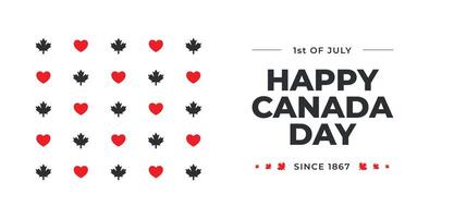 Minimalistic trendy horizontal Canada Day banner. Happy Canada day. 1st of July Template Design Victory day. Social media post, celebrating. Maple leaves and hearts. We love Canada. Geometrical style vector