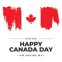 First of July Canada day celebration poster with Canadian flag, red maple leaf. Square social media post design template. Simple trendy minimalistic style, brush stroke. White background, red leaf vector