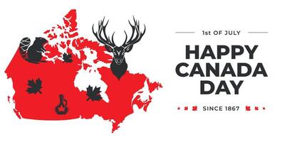 Creative minimalistic banner design, Happy Canada day. Red map with Canada symbols Maple syrup, beaver, leaf, elk. Canada Day illustration. Holiday Invitation Design. Geometrical trendy linocut style vector