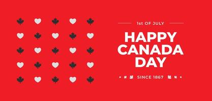 Minimalistic trendy horizontal Canada Day banner. Happy Canada day. 1st of July Template Design Victory day. Social media post, celebrating. Maple leaves and hearts. We love Canada. Geometrical style vector