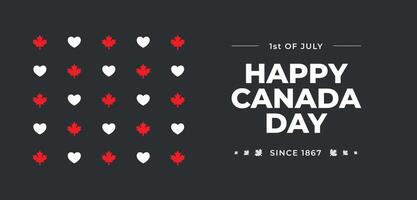 First of July Canada day celebration poster with red maple leaves and hearts. horizontal social media design template. Simple trendy minimalistic geometrical style. Black background with red leaves vector