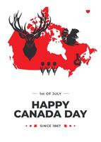 Creative minimalistic poster design, Happy Canada day. Red map with Canada symbols Maple syrup, beaver, leaf, elk. Canada Day illustration. Holiday Invitation Design. Geometrical trendy linocut style vector
