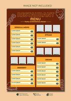 Food restaurant menu layout editable template menu list cafe brown and orange modern template vector