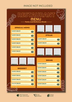 Food restaurant menu layout editable template menu list cafe brown and orange modern template