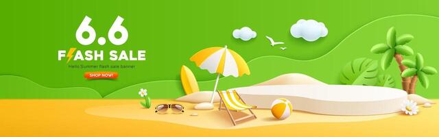 verano destello venta, podio mostrar, pila de arena, Coco árbol, playa paraguas, playa silla, playa pelota, Gafas de sol, bandera diseño vector