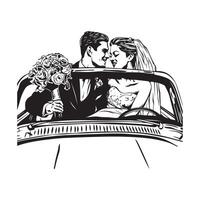 novia y novio en un coche sólo casado Pareja imagen vector