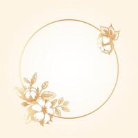 Luxury circle shape with golden frame and cotton flowers and buds. Geometric backdrop with Place holder for text. Template design for wedding invitation, card, package. vector