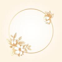 Luxury circle shape with golden frame and cotton flowers and buds. Geometric backdrop with Place holder for text. Template design for wedding invitation, card, package. vector