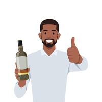 Young smiling man character standing holding bottle of wine, whiskey or other alcohol drink. vector