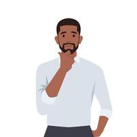 Young black business man making thinking gesture. vector