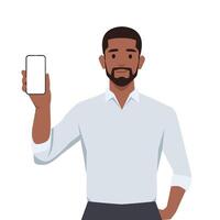Young black businessman holding smartphone screen. Digital technology. vector