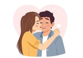 Girl kisses her boyfriend's cheek to thank him for his love. vector