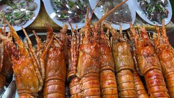 camarones A la parrilla en blanco fondo, parrilla langostinos Mariscos rotación, maduro río camarón de cerca textura. video