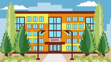 Illustration of a spring street with a school building surrounded by trees, in a flat style. Urban landscape of urban infrastructure for an information banner. vector