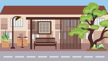 Illustration of a bus stop on a spring street of the city against the background of a house and trees, illustration in a flat style. vector