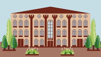 Bank in an old house on the street in the shade of trees. Bank building in the ancient center of a European city. Illustration in a flat style. City landscape of urban infrastructure vector