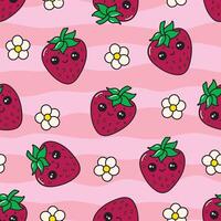 A pattern with cute kawaii strawberries on a striped background vector