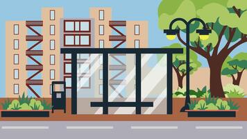 Illustration of a bus stop on a summer street of a cozy city against the background of a house and trees, illustration in a flat style. vector