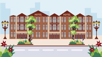 Summer street of a modern city with a hotel in an old building surrounded by trees. Illustration of urban infrastructure in a flat style. vector