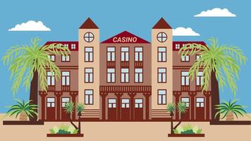 ilustración de un calle con un casino edificio rodeado por palma árboles, en un plano estilo. el urbano paisaje de el urbano infraestructura para el información bandera. vector