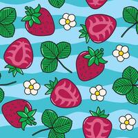 Pattern with cute strawberries and leaves on striped background vector