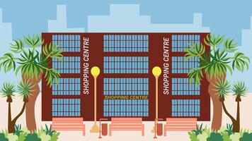 Modern shopping center building on the street surrounded by palm trees. Illustration in a flat style. Urban landscape of urban infrastructure for an information banner. vector