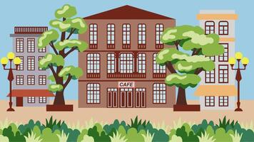 Cafe in an old house on the street in the shade of trees. Illustration of a flat style. The city landscape of the urban infrastructure for the information banner.The center of a European city. vector