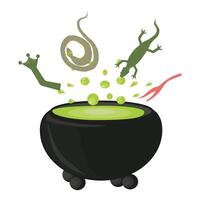 Cauldron with witch's potion and ingredients. illustration isolated on white background. vector