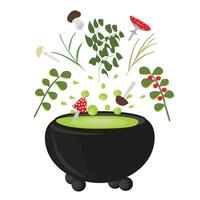 Cauldron with witch's potion and ingredients. illustration isolated on white background. vector