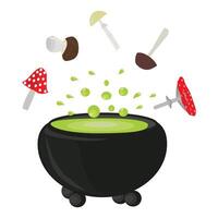 Cauldron with witch's potion and ingredients. illustration isolated on white background. vector