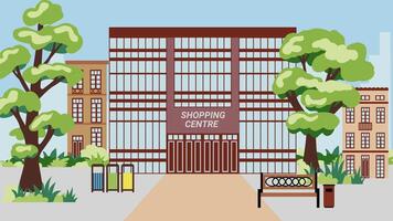 City street with a shopping center and old houses surrounded by trees. In front of the supermarket, there is a road with a bench and bins for separate garbage. Illustration in a flat style. vector