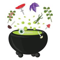 Cauldron with witch's potion and ingredients. illustration isolated on white background. vector