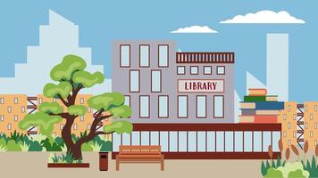 ciudad verano calle con un moderno biblioteca edificio rodeado por arboles ilustración de urbano infraestructura en un plano estilo. vector