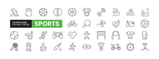 Set of 36 Sports line icons set. Sports outline icons with editable stroke collection. Includes Cricket, Football, Ping Pong, Baseball, E Sports, and More. vector