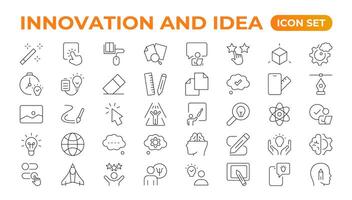 Innovation line icons collection. Technology, creative, icons. UI icon set. Thin outline pack. Idea Creative idea, brainstorming, solution, thinking and innovation Lightbulb with brain outline icon. vector