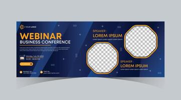 Webinar business online course web banner and social media cover template design. Dark navy blue, Green, Orange color with stripe line shape background for marketing webinar, online class banner vector