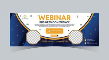 Webinar business online course web banner and social media cover template design. Dark navy blue, Green, Orange color with stripe line shape background for marketing webinar, online class banner vector