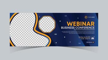 Webinar business online course web banner and social media cover template design. Dark navy blue, Green, Orange color with stripe line shape background for marketing webinar, online class banner vector