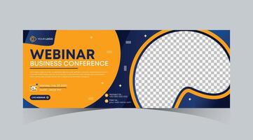 Webinar business online course web banner and social media cover template design. Dark navy blue, Green, Orange color with stripe line shape background for marketing webinar, online class banner vector