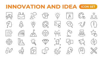 Innovation line icons collection. Technology, creative, icons. UI icon set. Thin outline pack. Idea Creative idea, brainstorming, solution, thinking and innovation Lightbulb with brain outline icon. vector