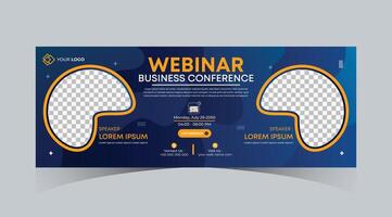 Webinar business online course web banner and social media cover template design. Dark navy blue, Green, Orange color with stripe line shape background for marketing webinar, online class banner vector