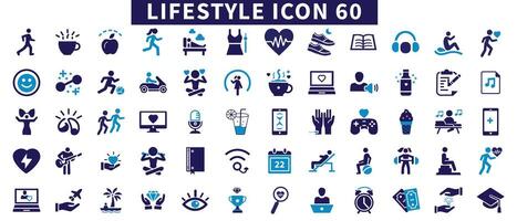 Lifestyle flat icons set. Healthy lifestyle symbols. Happiness, diet, exercise, sport, game, fitness, music, sleep, relationships, running icons and more signs. Flat icon collection. vector
