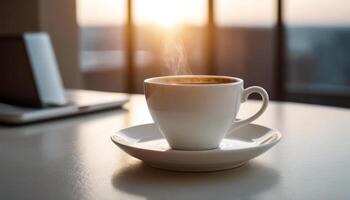 Morning Coffee. A white cup filled with steaming coffee rests on a clean white table, casting a subtle shadow. creating a serene morning scene. photo