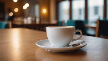 Cafe hot cup of coffee on a saucer on a dark background, casting a thin shadow. Bokeh in the background. photo