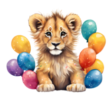 Watercolor cute baby lion with colorful balloons on birthday illustration. Ai-Generated png