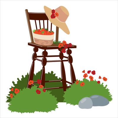 Wooden vintage chair in a blooming garden. Rustic scene with a carved chair, a straw hat, a basket of strawberries among a flower garden.