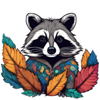 Watercolor cute raccoon cartoon with colorful leaves branch illustration. Ai-Generated png