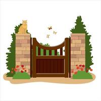 Rustic fence with stone columns and a wooden gate in a blooming garden. A fence with a gate with a sitting cat. A garden scene with a fence and a gate, shrubs and flowers. vector